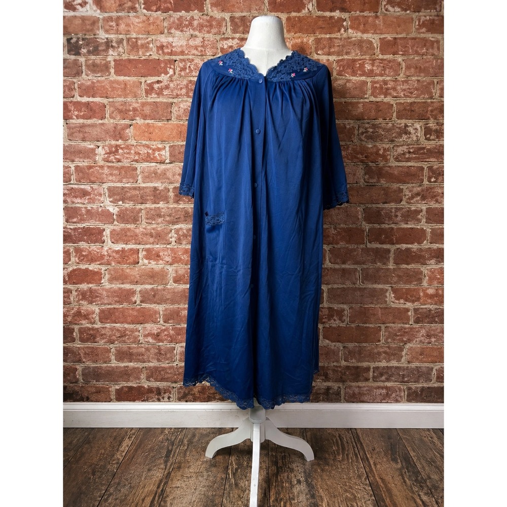 Vintage Lace Embroidered Button Front Housecoat Robe Nightgown Cottagecore M